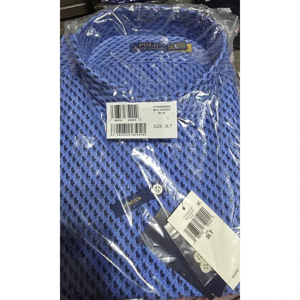 Polo Ralph Lauren Stretch Blue All Over Pony Long Sleeve Shirt Men Size 3XLT NWT